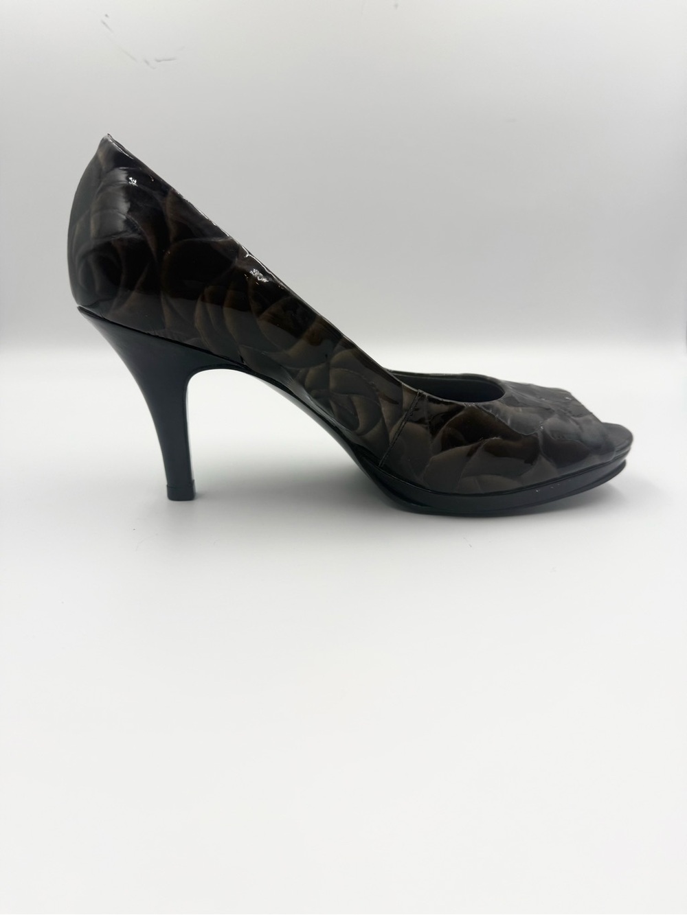 Alex Marie Dark Brown Patent Leather Floral-Embossed Mid Heel Pump